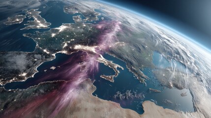 A scorched Earth with burning continents and untouched forests highlights the fragile balance between destruction and nature’s resilience from space.