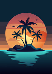 Tranquil Island Sunset Scene - Stylized Illustration with Palm Trees and Birds