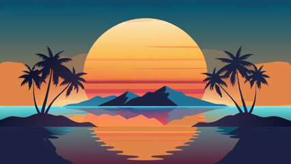 Tranquil Island Sunset Scene - Stylized Illustration with Palm Trees and Birds