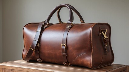 a stylish and classic leather duffel bag placed on a wooden surface. The bag is crafted from rich, brown leather with a smooth finish, showcasing a timeless design. It has sturdy
