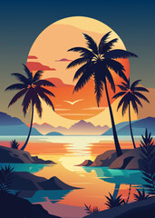 Tranquil Island Sunset Scene - Stylized Illustration with Palm Trees and Birds