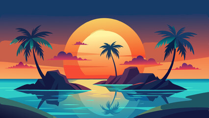Tranquil Island Sunset Scene - Stylized Illustration with Palm Trees and Birds