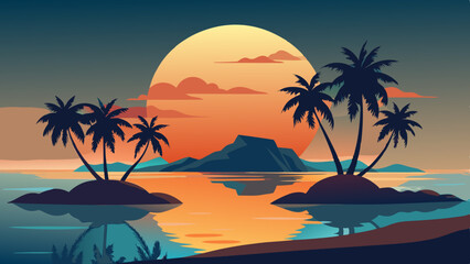 Tranquil Island Sunset Scene - Stylized Illustration with Palm Trees and Birds