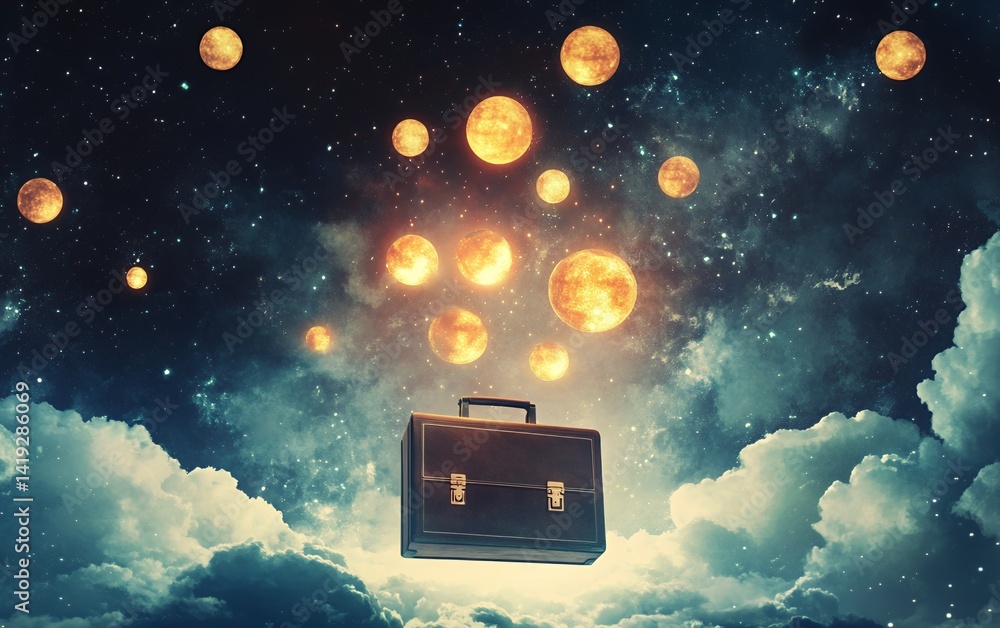 Poster creative concept of mysterious box emitting light and floating orbs capturing emotions and imaginati