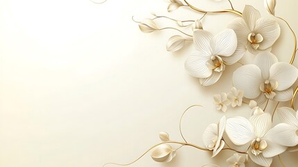 Elegant vertical book layout with symmetrical orchid illustrations bordering the sides, clean ivory background, floral lines in subtle gold ink. Slight embossing effect on orchids.
