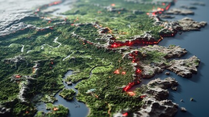 A scorched Earth with burning continents and untouched forests highlights the fragile balance between destruction and nature’s resilience from space.