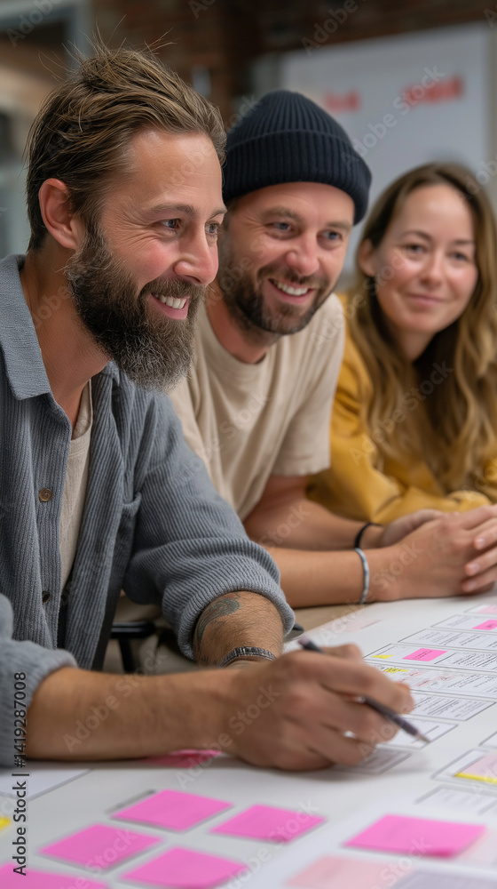 Poster A diverse team engages in an energetic brainstorming session, analyzing user experience mockups laid out on a table in a creative workspace, fostering innovation and collaboration