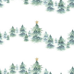 Christmas spruces snow-covered with festive golden star decoration. Hand drawn isolated watercolor seamless pattern of forest winter landscape for New Year festive packing paper, fabric and textile.