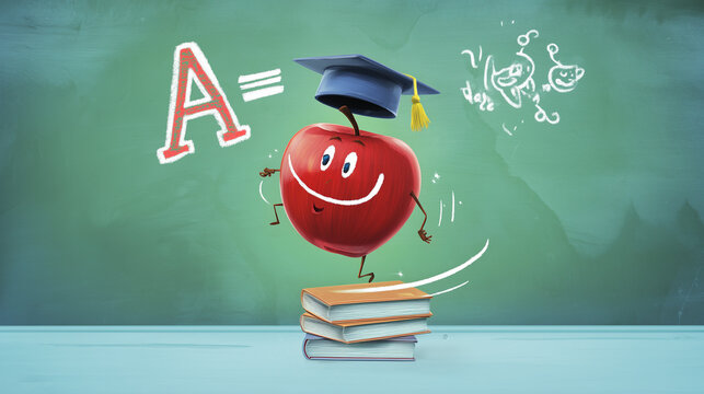 Cheerful apple character celebrating education on stacked books  