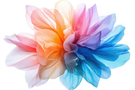 Vibrant rainbow flower ethereal petals unfolding in a mesmerizing display against a stark on transparent background