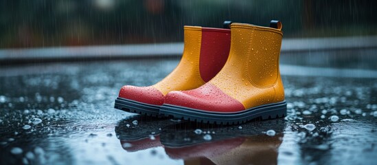 Colorful rain boots in puddles, rainy day outdoors, use for children's fashion catalog or rain gear advertisement