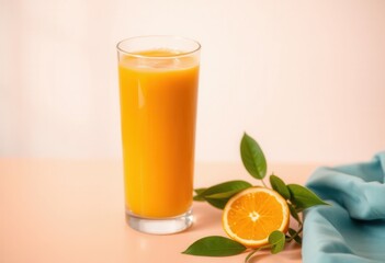 Fototapeta premium Refreshing Glass of Orange Juice with Orange Slice and Leaves on Pink Background