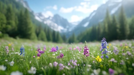 Obraz premium Vibrant wildflowers bloom in a lush alpine meadow, bathed in sunlight, with majestic mountains in the background