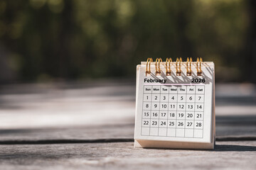 Calendar page February of the year 2026 on a natural background, with copy space and business...