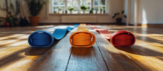 Colorful resistance bands on wood floor, bright room