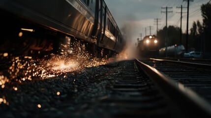 Obraz premium Train on Tracks with Sparks Flying, Evening Dusk Railroad Photo. Train derailment, railroad safety, railway transport, dark evening setting.
