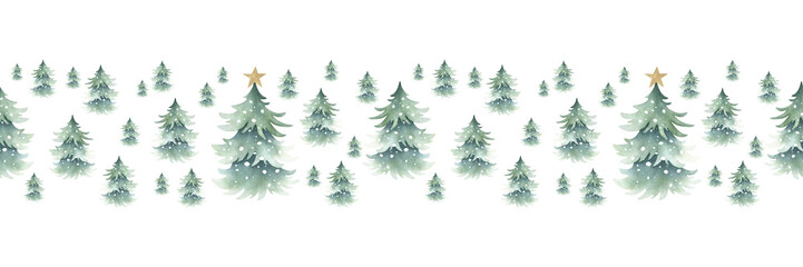 Christmas trees snow-covered with festive golden star decoration on top, forest winter landscape. Watercolor seamless border. Hand drawn isolated horizontal banner for New Year festive packaging tape.