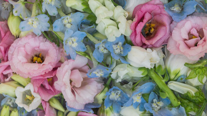 wallpaper with soft pastel colored spring flowers; baby pink and light blue