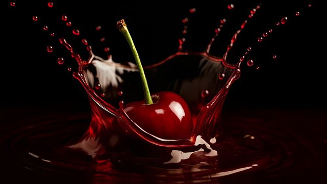 Fresh cherry falling into juice creating a splash in slow motion