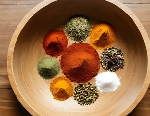 Assortment of Spices in a Wooden Bowl 