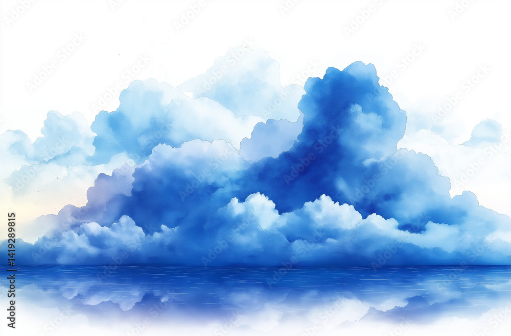 Poster minimalist abstract watercolor illustration of blue clouds with splash effect and simple shapes on t