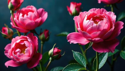 Intricate blooming roses & peonies, rich jewel tones, threads, background, vintage