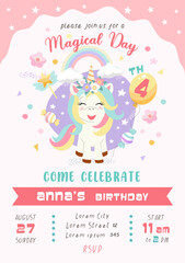 cute unicorn birthday invitation vertical card, magical day, fabulous animals, pony, template, vector