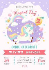 unicorn baby, Magical day birthday invitation card , event, celebration, template, vertical vector illustration