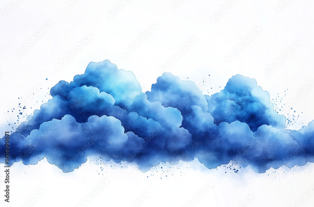 Poster minimalist abstract watercolor illustration of blue clouds with splash effect and simple shapes on t
