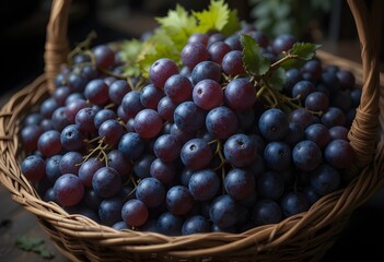 Fresh Black Grapes in a Wicker Basket