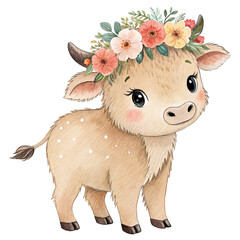 Bison calf in flower crown. Isolated watercolor illustration.