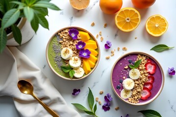 Flatlay of colorful smoothie bowls topped with tropical fruits, chia seeds, and edible flowers on marble, styled for bright wellness visuals.