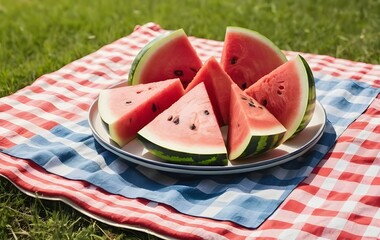 Refreshing Watermelon Slices on Picnic Blanket