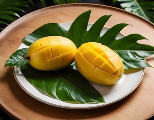 Tropical Mango on a Plate with Tropical Leaves
