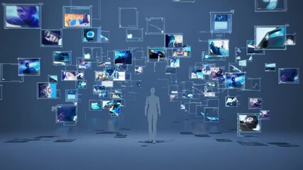 Abstract concept of digital overload with person surrounded by multiple floating screens and images