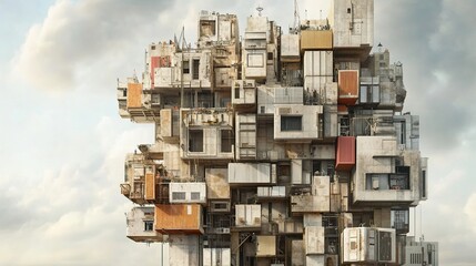Abstract urban conglomerate architectural concept under cloudy sky backdrop