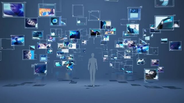 Abstract concept of digital overload with person surrounded by multiple floating screens and images