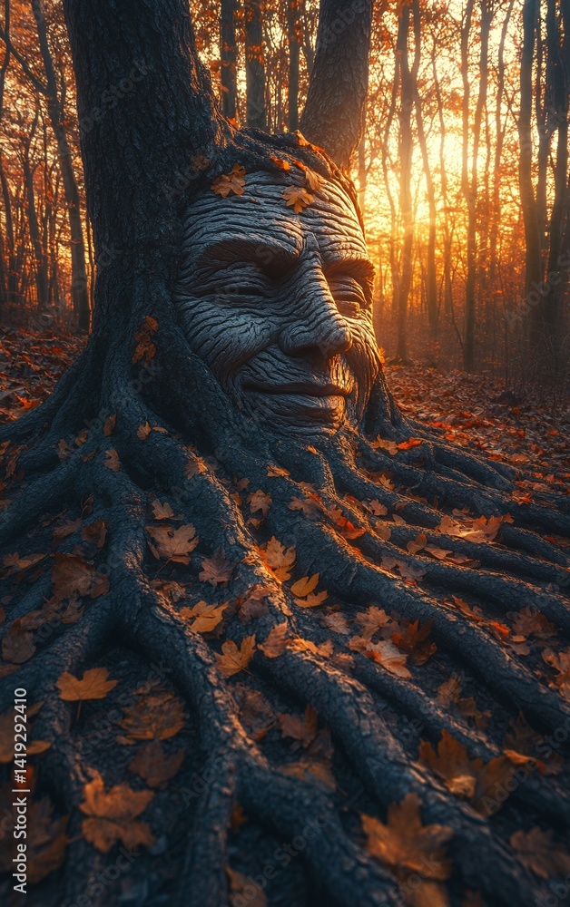 Poster intricate nature scene with a large spider web glimmering in warm light surrounded by trees and foli