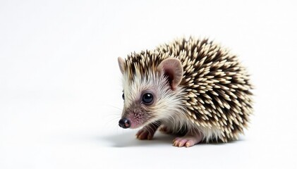 Obraz premium Tiny hedgehog on pure white background, curled in a ball , spiny, pet, fauna
