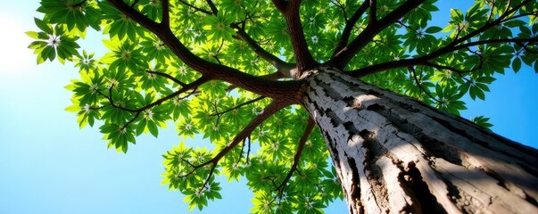 Fototapeta premium Tree trunk with gnarled bark and branches stretching towards sky, botanical garden, branch details, isolated tree