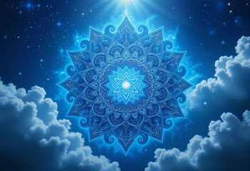 A blue and white flower with a star in the center