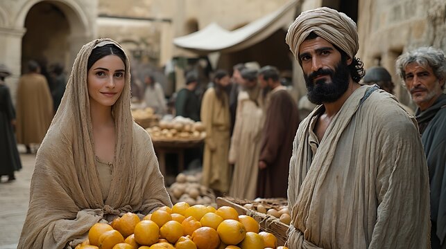 Market scene, biblical figures