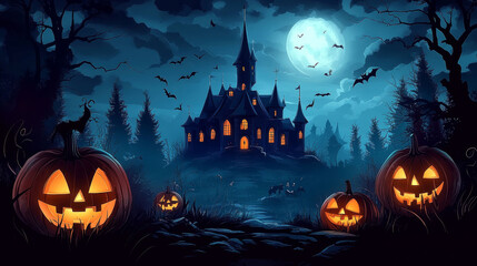 Spooky Halloween Night with Pumpkins .