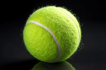 Close up studio shot of a bright yellow tennis ball on black