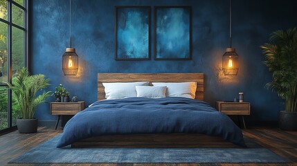 Bedroom interior design blue modern home decor wood bed plants lighting lamps art cozy room style luxury
