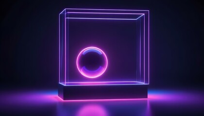 A glowing sphere encased in a neon-lit glass box, with a dark and reflective background.