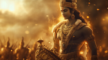 Obraz premium Lord Krishna standing on the battlefield of Kurukshetra, holding Arjuna's chariot with golden light aura around him, wearing golden armor and shining crown, Ai generated images