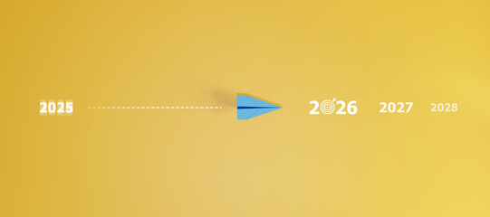 blue plane is heading to 2026 target. business creativity new idea discovery innovation technology. new year idea concept.