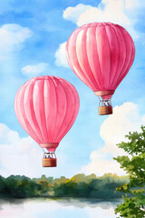 Obraz premium Hot air balloons float gracefully blue sky, surrounded by fluffy clouds and lush greenery, evoking sense of adventure