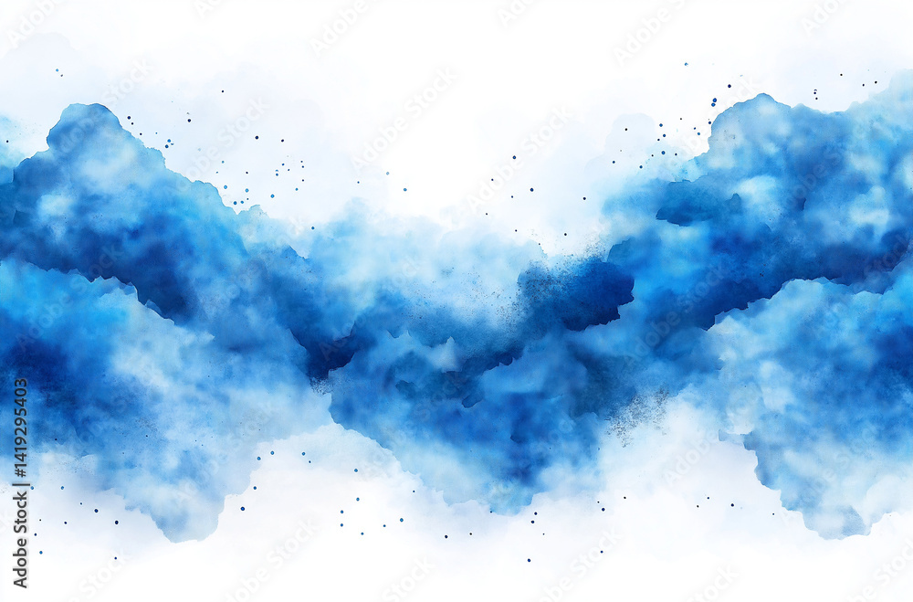 Poster minimalist abstract watercolor illustration of blue clouds with splash effect and simple shapes on t